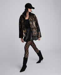 Animal Foiled Satin Lightweight Seamed Puffer Jacket | Kenneth Cole BLACK/MARSH BROWN