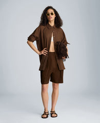 Fly Front High Rise Pleated Bermuda Short | Kenneth Cole BRUNETTE