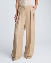 Striped Linen Blend High Rise Fly Front Double Pleat Wide Leg Pant | Kenneth Cole TIMELESS TAUPE/WHITE
