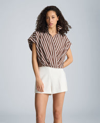 Pleat Cross Over Front Shirt Sleeve Crop Shirt | Kenneth Cole BRUNETTE/PUR WHT