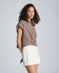 Pleat Cross Over Front Shirt Sleeve Crop Shirt | Kenneth Cole BRUNETTE/PUR WHT
