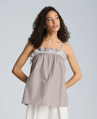 Shirred Neck Cami with Lace Trim Detail | Kenneth Cole BRUNETTE/PURE WHITE