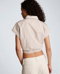 Striped Short Sleeve Cropped Button Front Shirt with Placket Shoulder | Kenneth Cole TIMELESS TAUPE/PURE WHITE