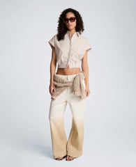 Striped Short Sleeve Cropped Button Front Shirt with Placket Shoulder | Kenneth Cole TIMELESS TAUPE/PURE WHITE
