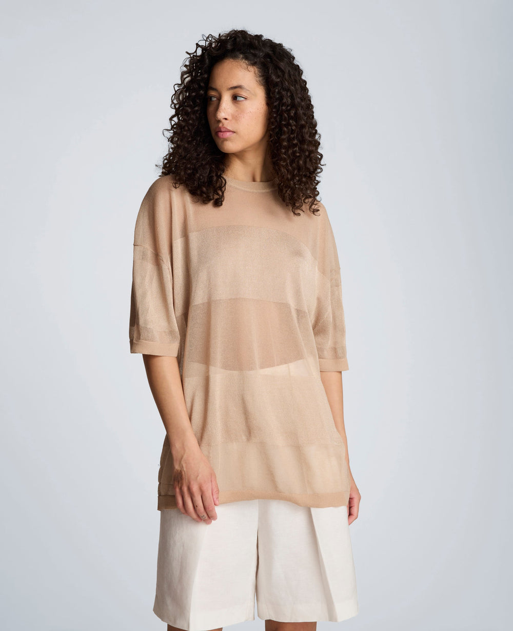 Shiny Semi Sheer Stripe Crew Neck | Kenneth Cole TIMELESS TAUPE