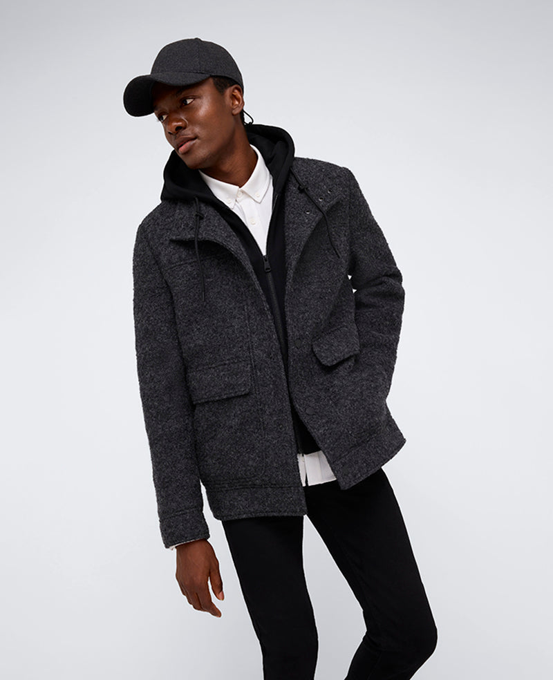 Charcoal Boucle Wool Jacket with Jersey Hood – Men’s Fit | Kenneth Cole CHARCOAL