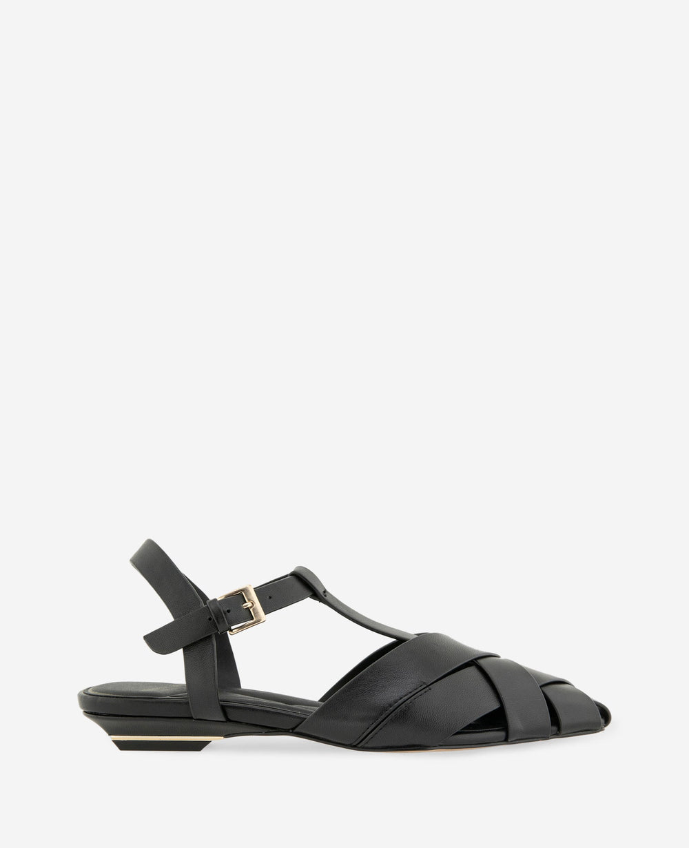 Bindy Woven Leather T-Strap Sandal | Kenneth Cole BLACK LEATHER