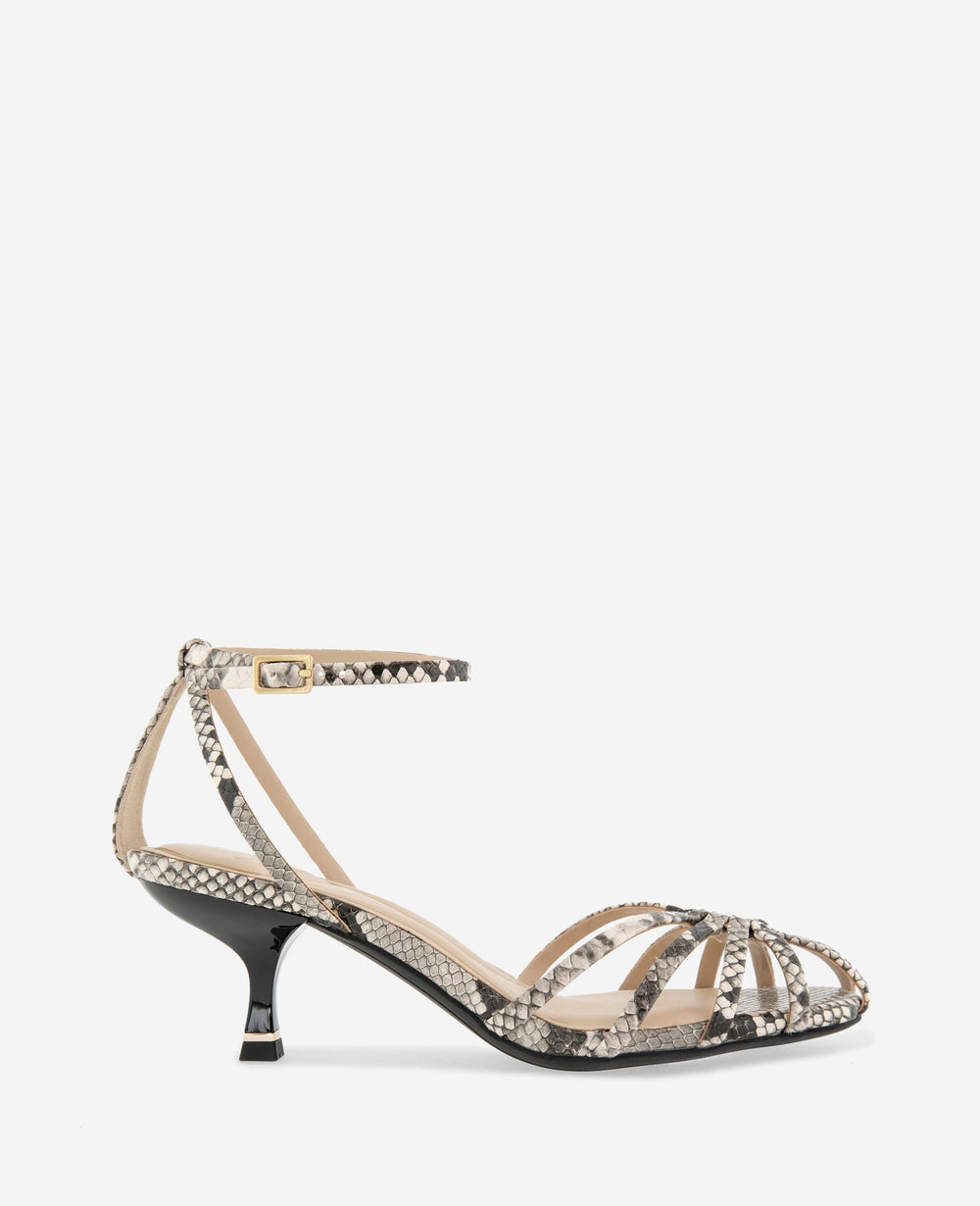 Genevieve Embossed Cage Toe Ankle Strap Heel | Kenneth Cole BLACK/WHITE SNAKE