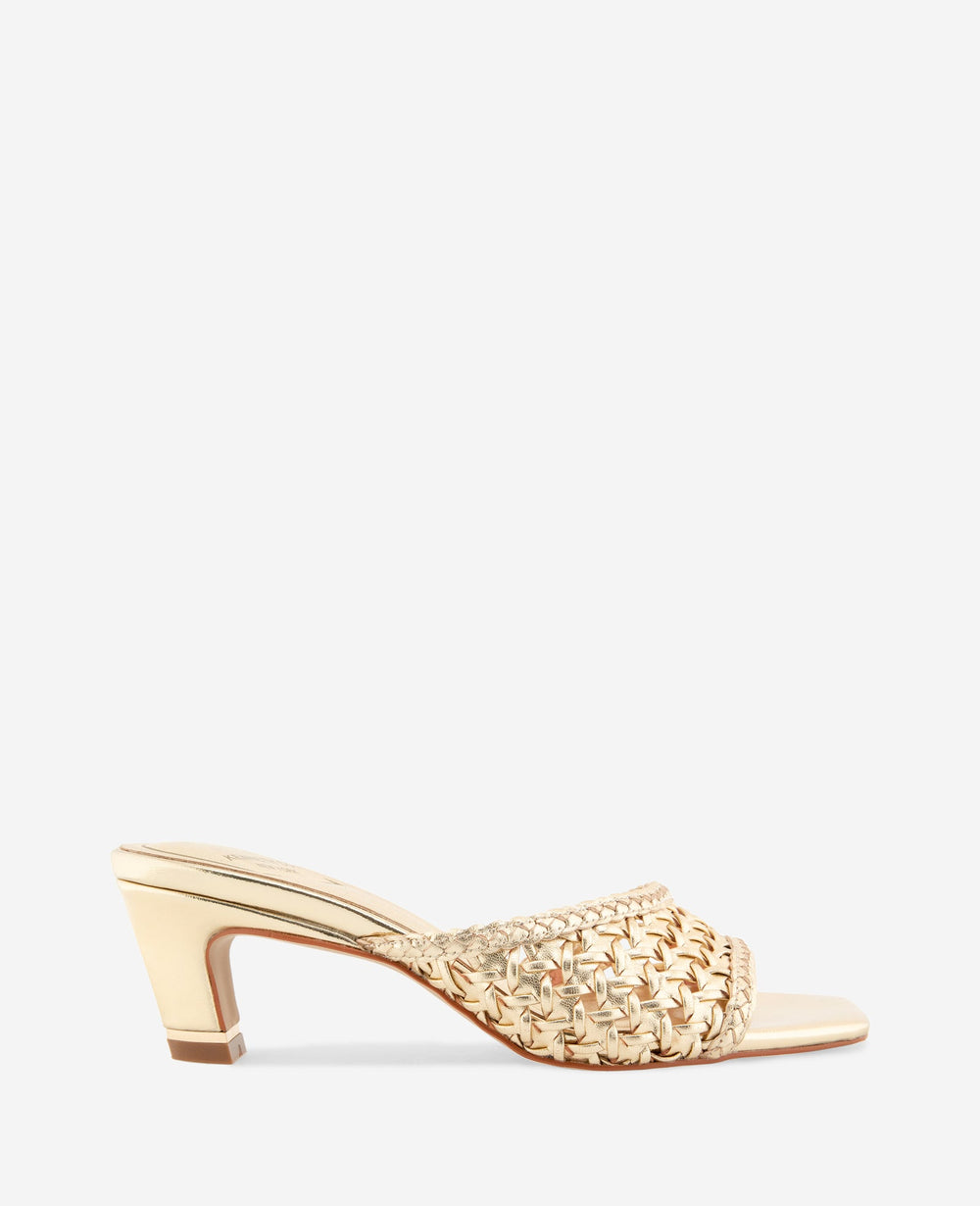 Arita Metallic Woven Leather Open Toe Heel | Kenneth Cole GOLD