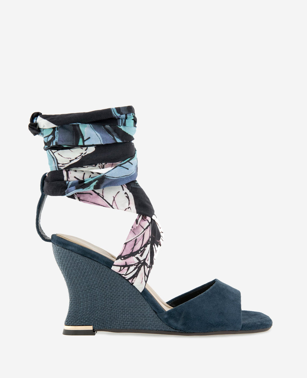 Fabia Printed Fabric Wrap Around Suede & Raffia Wedge | Kenneth Cole NAVY SUEDE