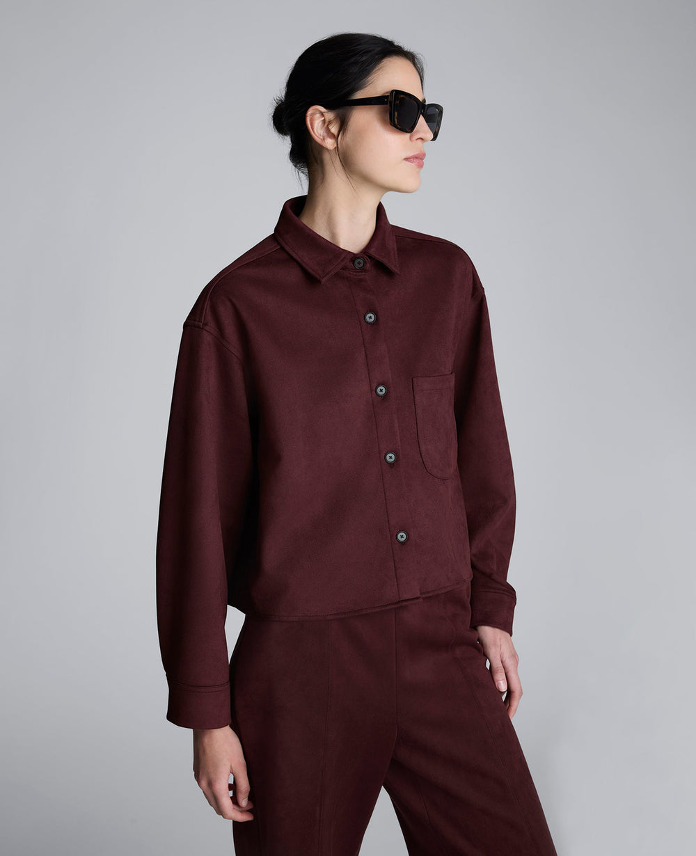 Faux Suede Button Front Cropped Knit Shirt | Kenneth Cole SUGAR BEET