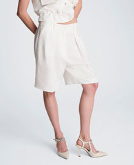 Fly Front High Rise Pleated Short Bermuda Refined Linen Short | Kenneth Cole PURE WHITE