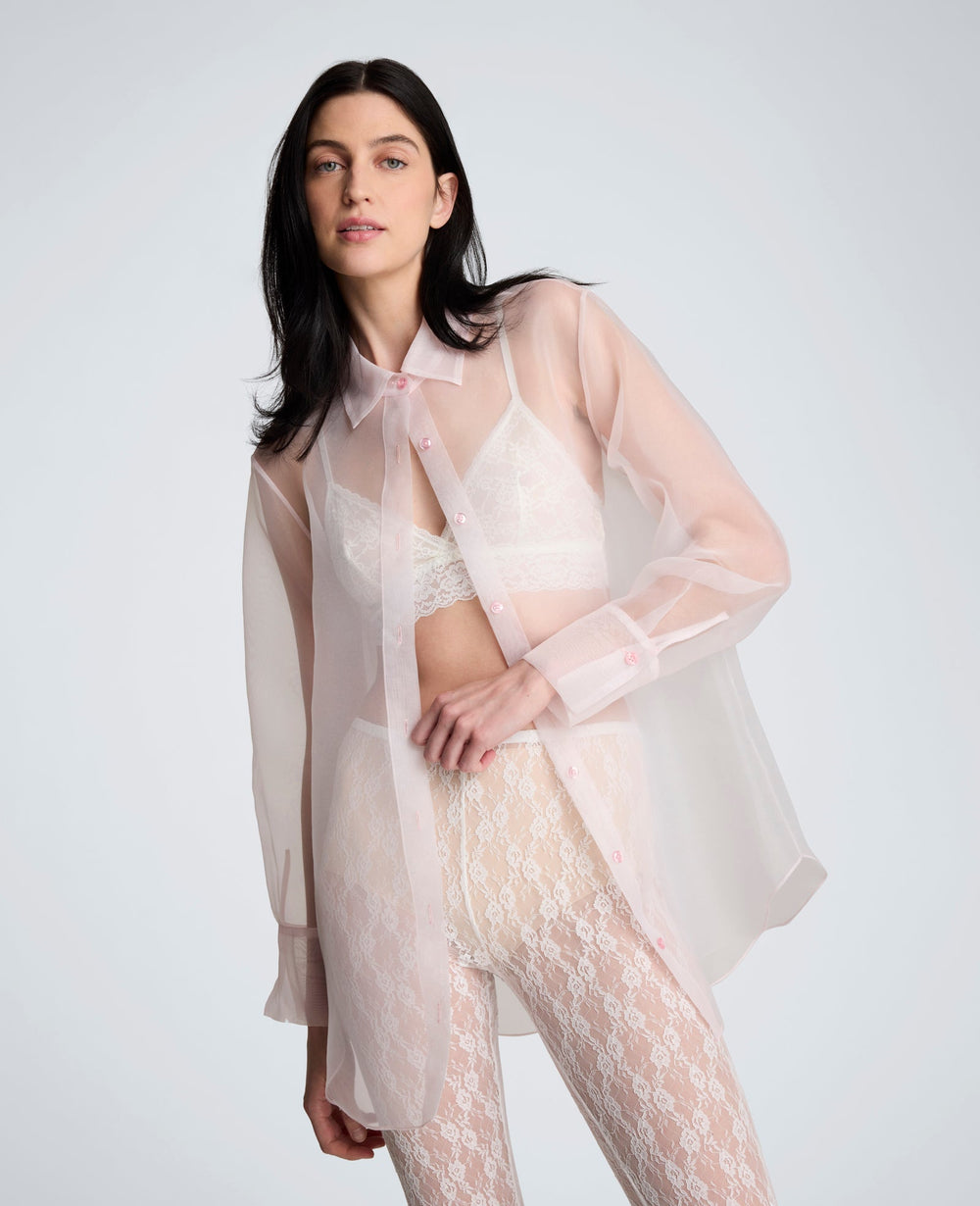 Sheer Organza Oversized Button Front Long Sleeve Shirt | Kenneth Cole CHINTZ PINK