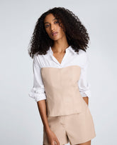 Poplin Y-Neck Top Vegan Leather Bustier | Kenneth Cole | Kenneth Cole PURE WHITE/CANYON SAND
