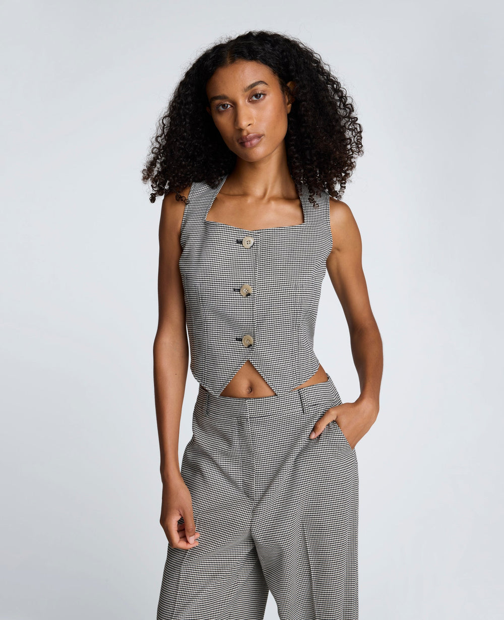 Cropped Fitted Bodice Houndstooth Vest | Kenneth Cole OYSTER/BLACK