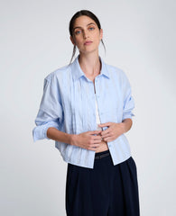 Cropped Tuxedo Style Long Sleeve Button Down Blouse | Kenneth Cole CLOUD BLUE