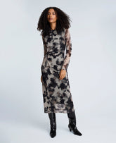 Shop Printed Mesh Knot Front Long Sleeve Midi Dress | KC | Kenneth Cole BLACK MULTI
