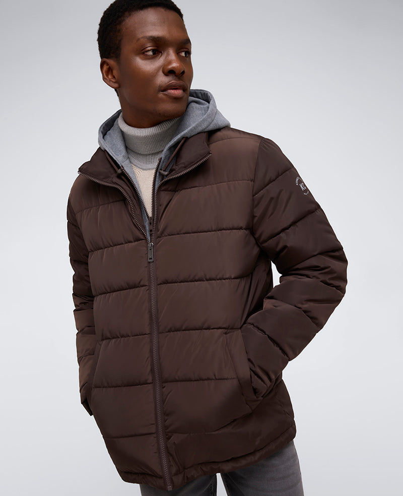 Chocolate Puffer Jacket – Plush Fill & Jersey Hood | KC | Kenneth Cole CHOCOLATE
