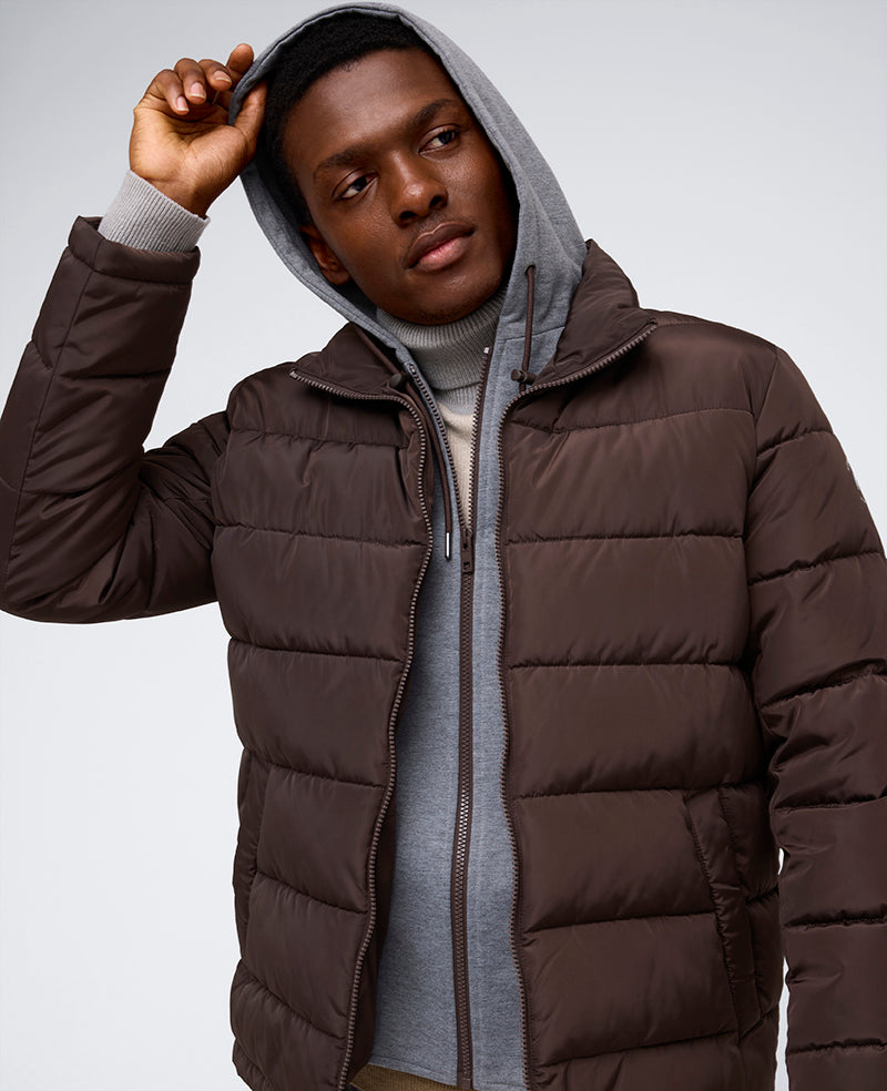 Chocolate Puffer Jacket – Plush Fill & Jersey Hood | KC | Kenneth Cole CHOCOLATE