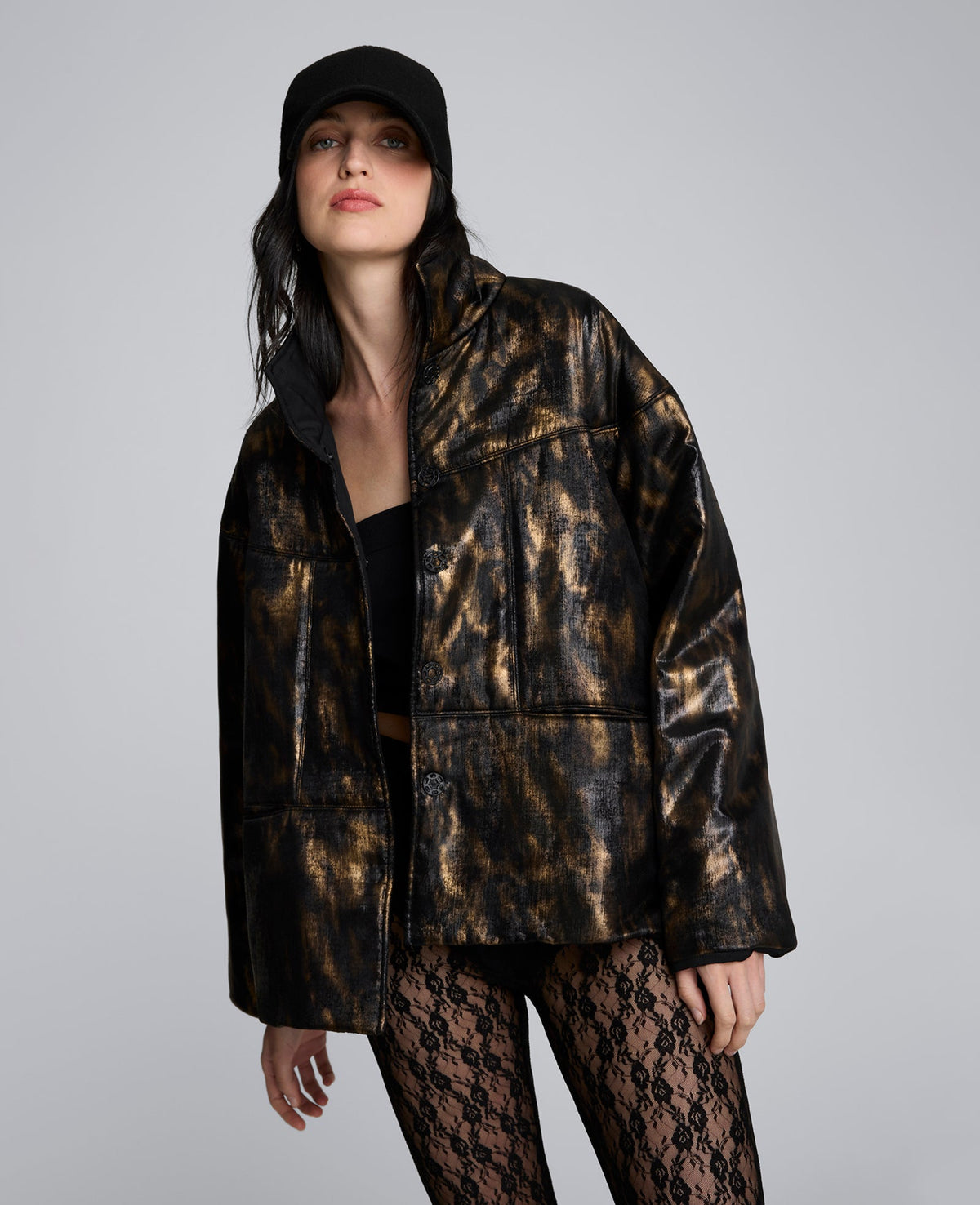 Animal Foiled Satin Lightweight Seamed Puffer Jacket | Kenneth Cole BLACK/MARSH BROWN
