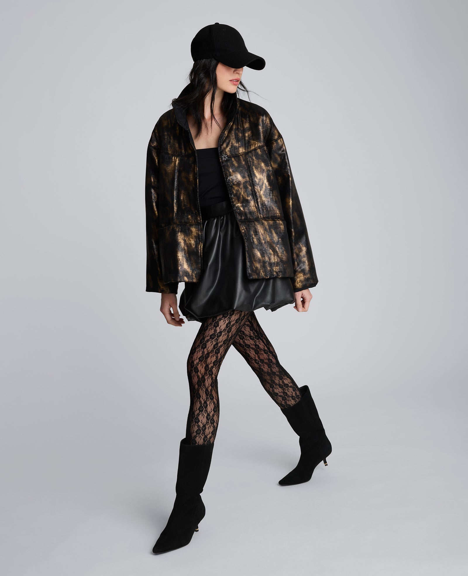 Animal Foiled Satin Lightweight Seamed Puffer Jacket | Kenneth Cole BLACK/MARSH BROWN