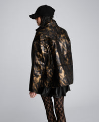 Animal Foiled Satin Lightweight Seamed Puffer Jacket | Kenneth Cole BLACK/MARSH BROWN