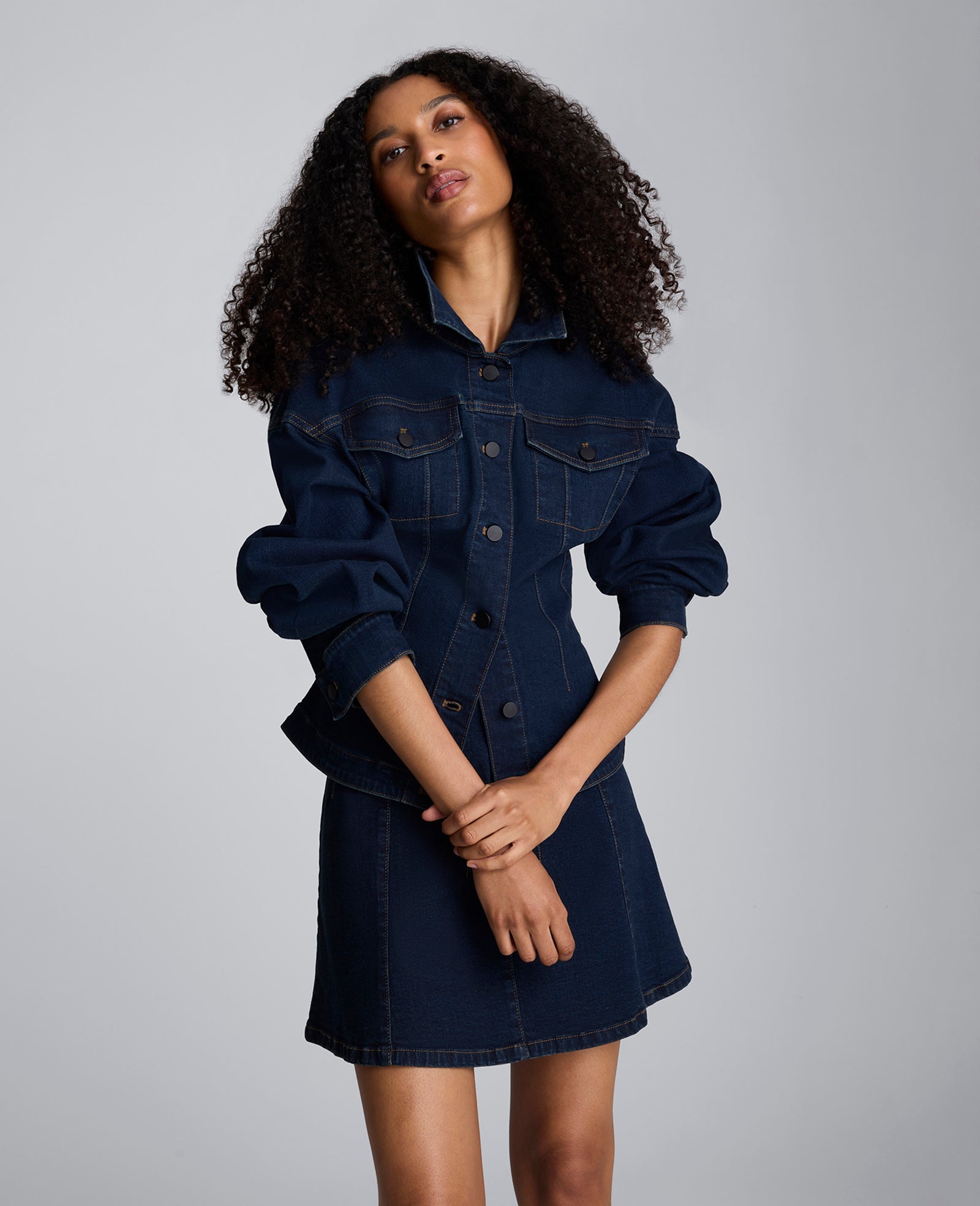 Long Sleeve Denim Corset Trucker Jacket | Kenneth Cole MIDNIGHT RINSE WASH