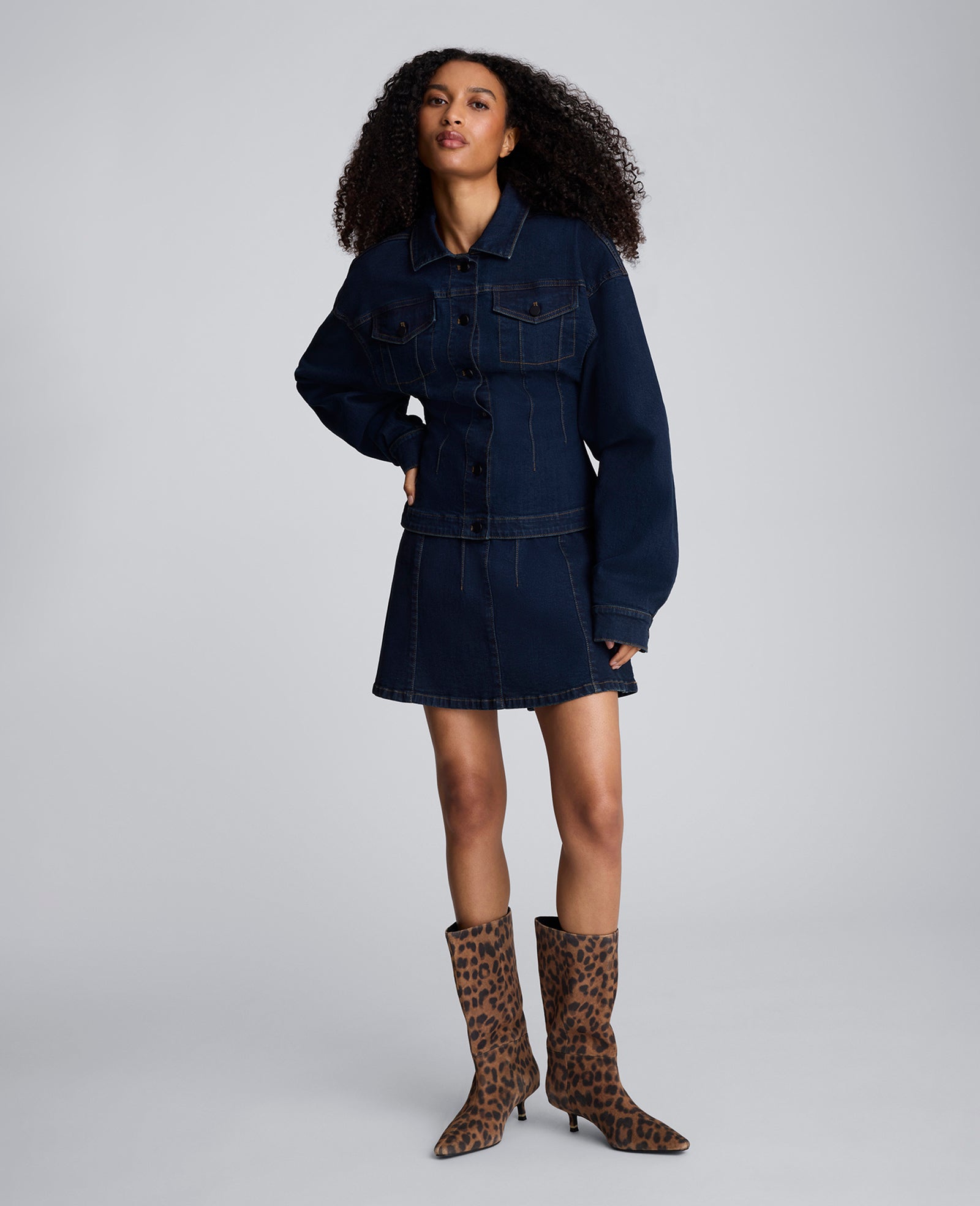 Long Sleeve Denim Corset Trucker Jacket | Kenneth Cole MIDNIGHT RINSE WASH