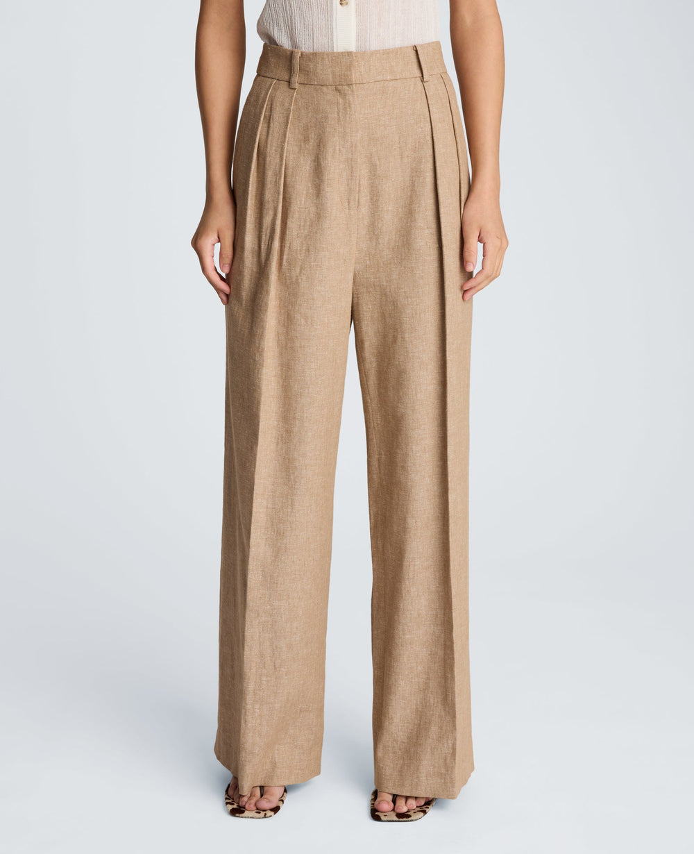 High Rise Fly Front Double Pleat Wide Leg Linen Blend Pant | Kenneth Cole MESA TAUP/MELANGE