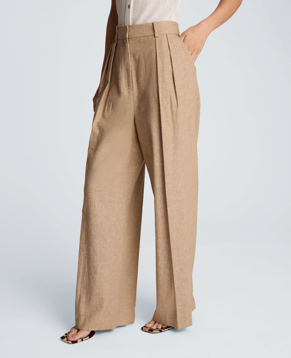 High Rise Fly Front Double Pleat Wide Leg Linen Blend Pant | Kenneth Cole MESA TAUP/MELANGE