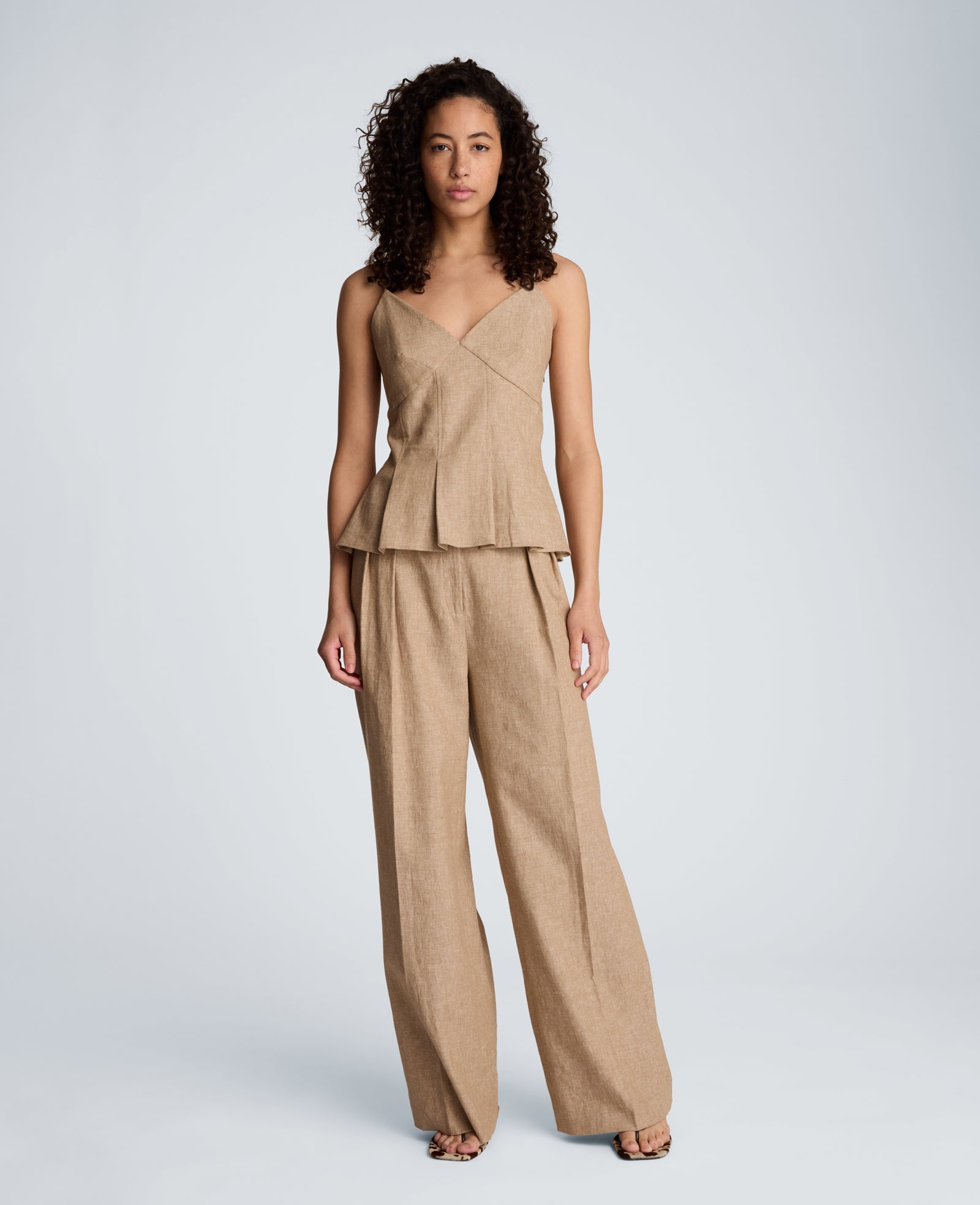 High Rise Fly Front Double Pleat Wide Leg Linen Blend Pant | Kenneth Cole MESA TAUP/MELANGE