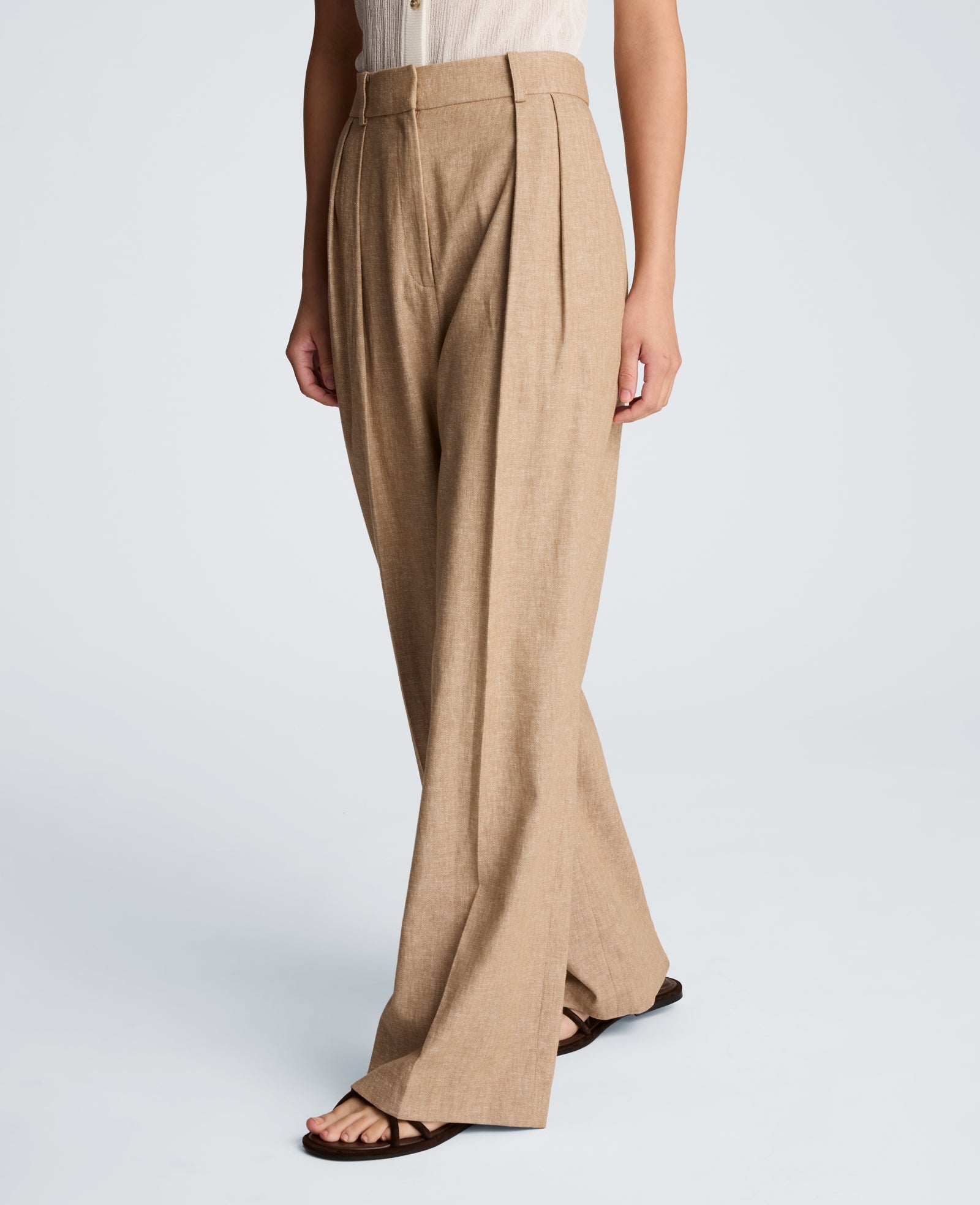 High Rise Fly Front Double Pleat Wide Leg Linen Blend Pant | Kenneth Cole MESA TAUP/MELANGE