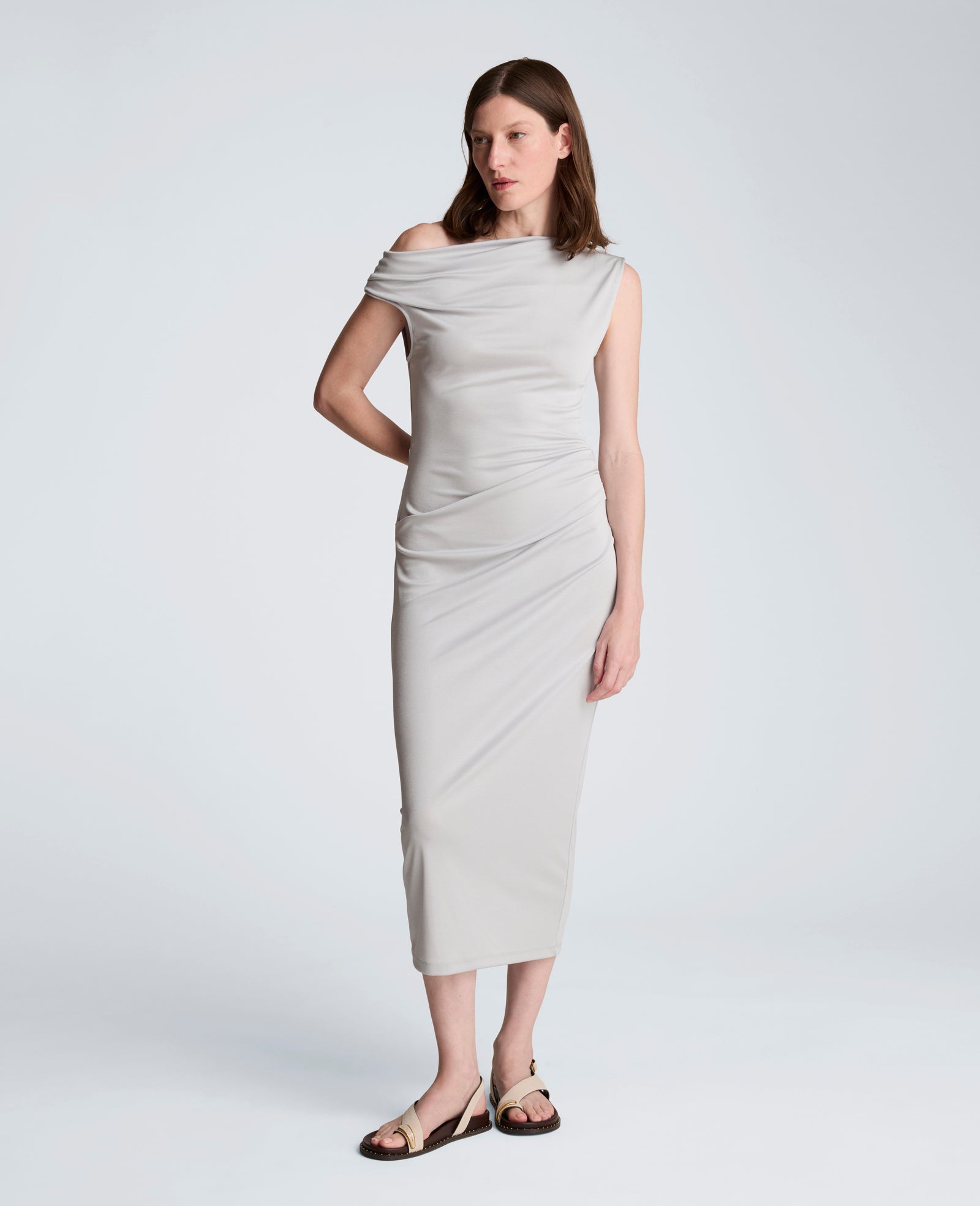 Ruched Waist Midi Off-The-Shoulder Dress | Kenneth Cole STONE GREY