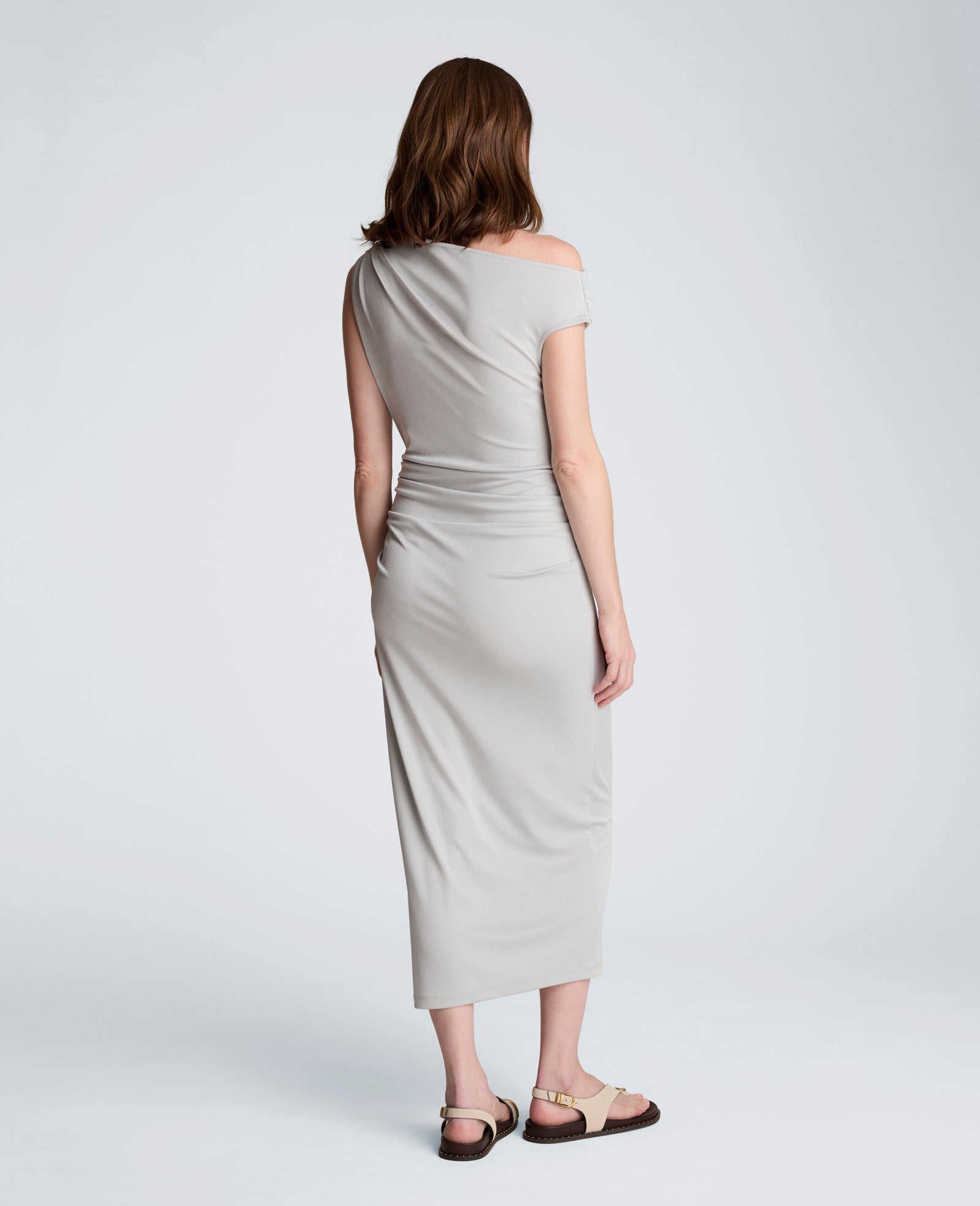 Ruched Waist Midi Off-The-Shoulder Dress | Kenneth Cole STONE GREY