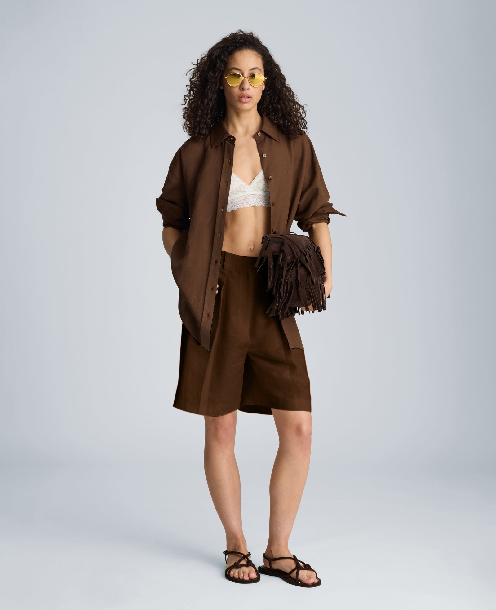 Fly Front High Rise Pleated Bermuda Short | Kenneth Cole BRUNETTE