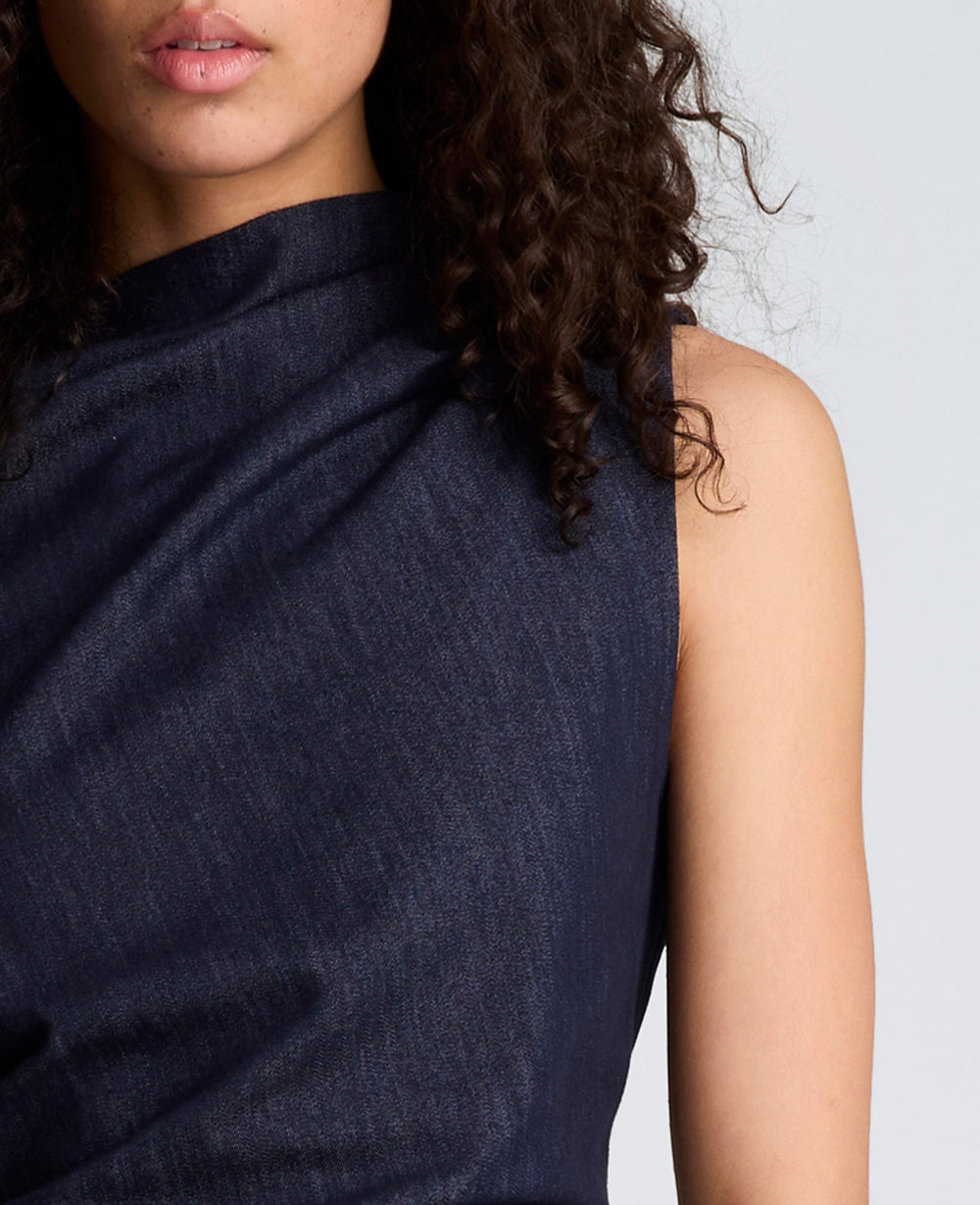 Cascade Detail Denim Mini Dress | Kenneth Cole INDIGO