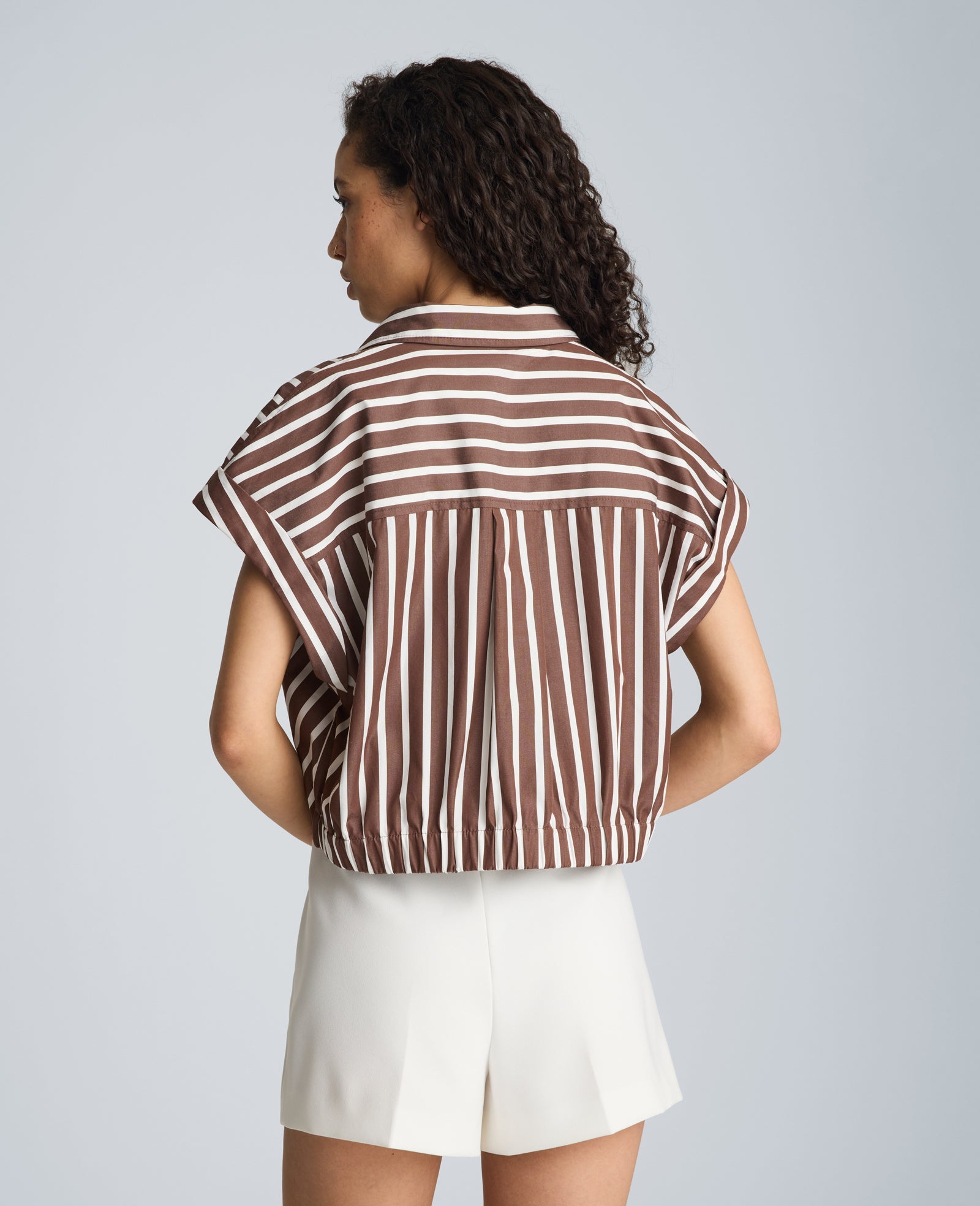 Pleat Cross Over Front Shirt Sleeve Crop Shirt | Kenneth Cole BRUNETTE/PUR WHT