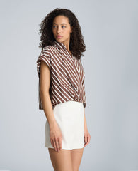Pleat Cross Over Front Shirt Sleeve Crop Shirt | Kenneth Cole BRUNETTE/PUR WHT