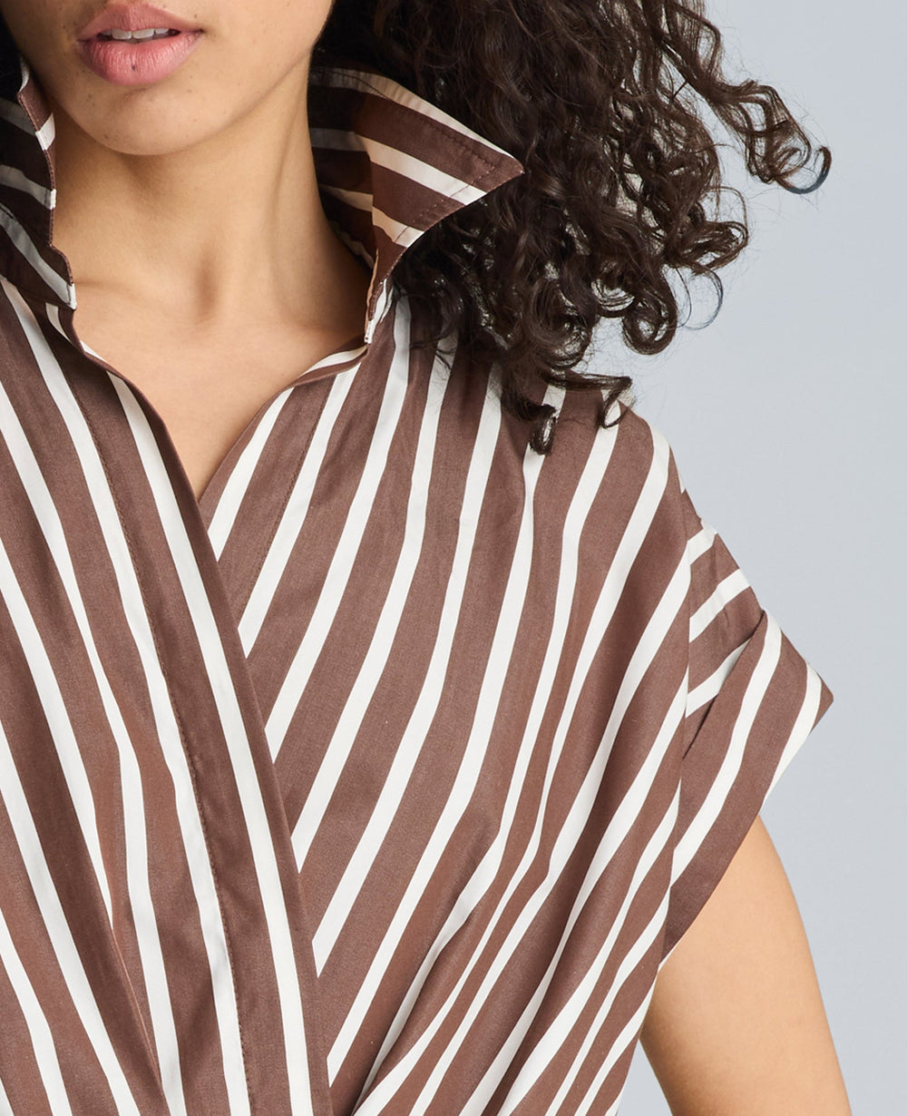 Pleat Cross Over Front Shirt Sleeve Crop Shirt | Kenneth Cole BRUNETTE/PUR WHT