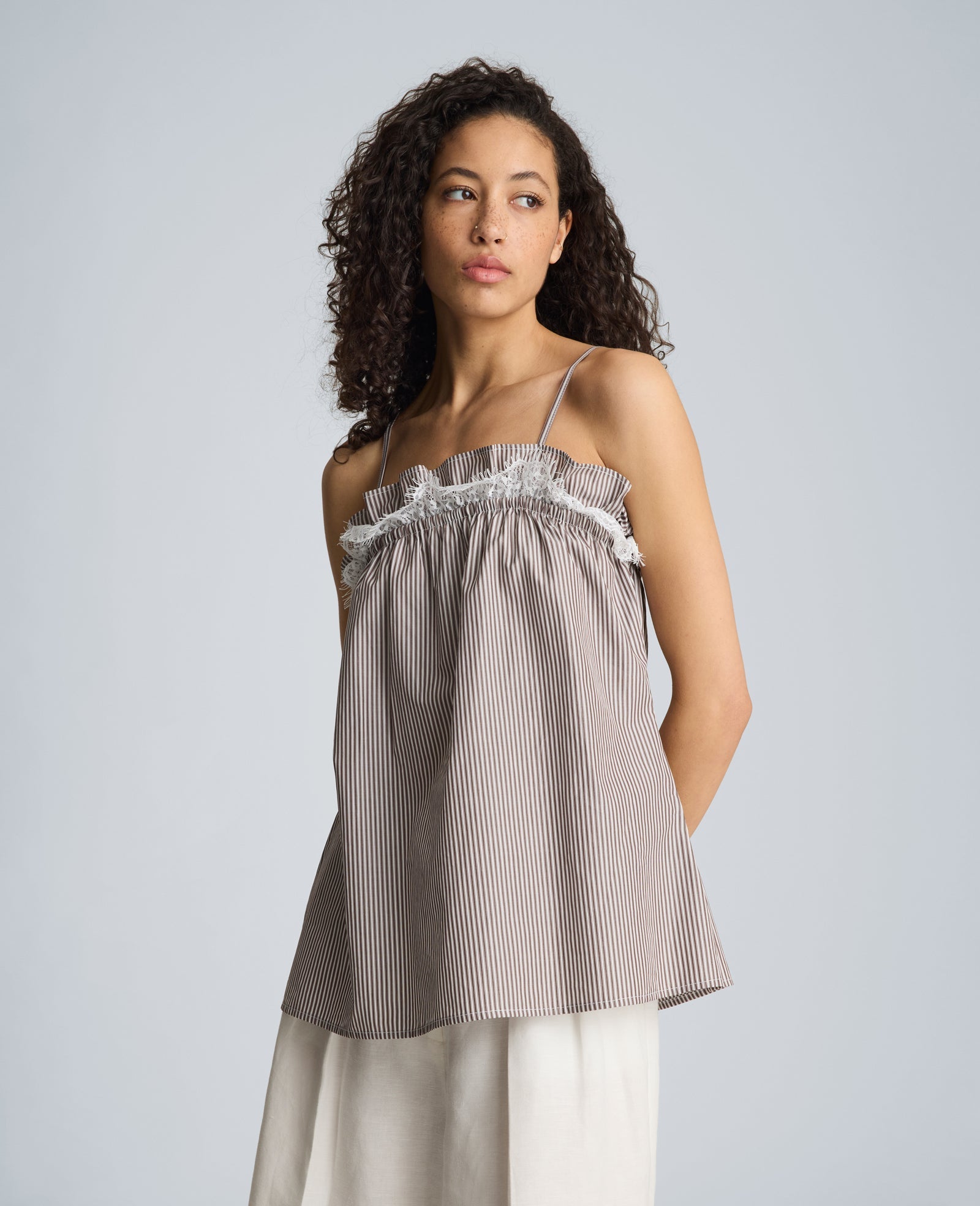 Shirred Neck Cami with Lace Trim Detail | Kenneth Cole BRUNETTE/PURE WHITE