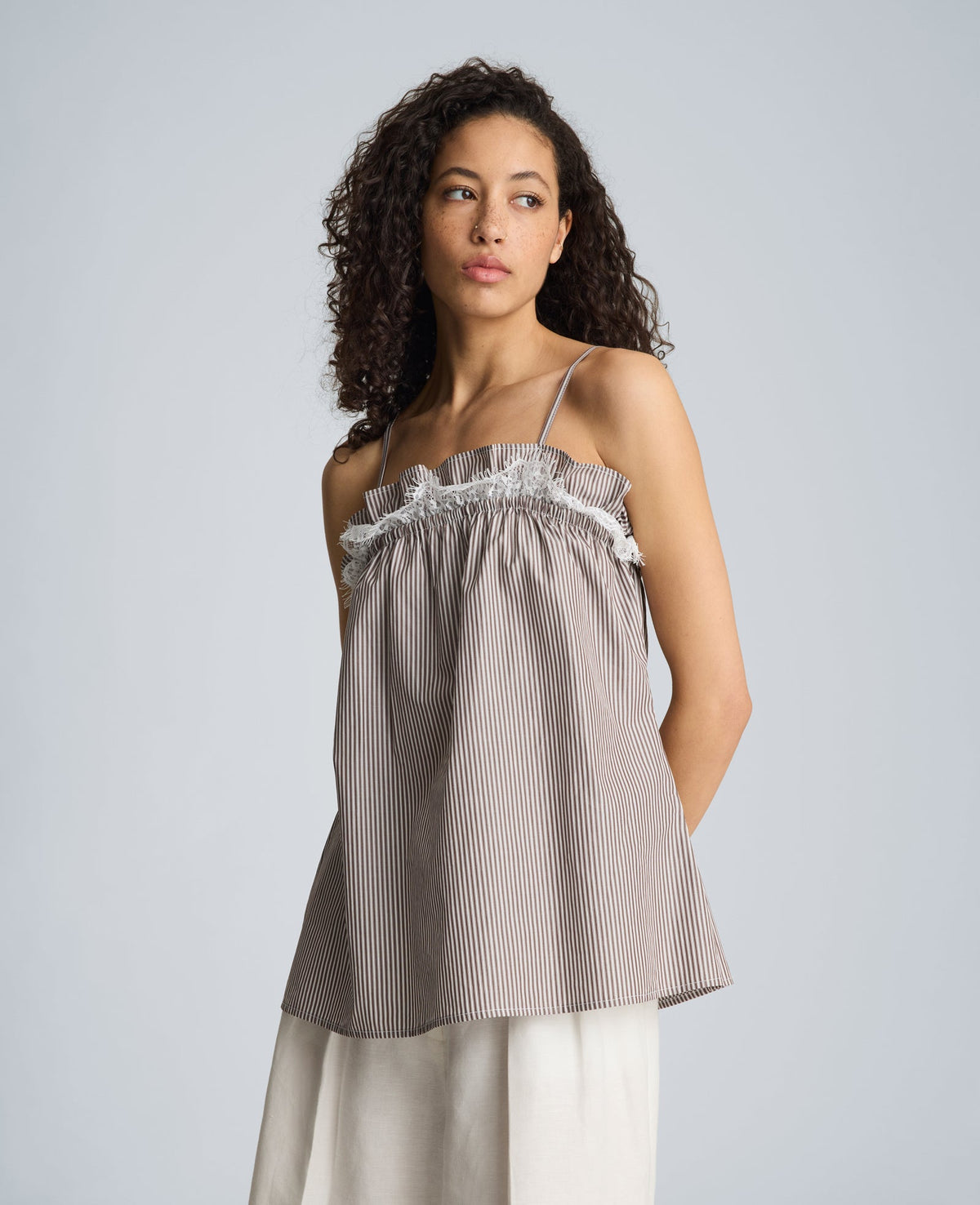 Shirred Neck Cami with Lace Trim Detail | Kenneth Cole BRUNETTE/PURE WHITE