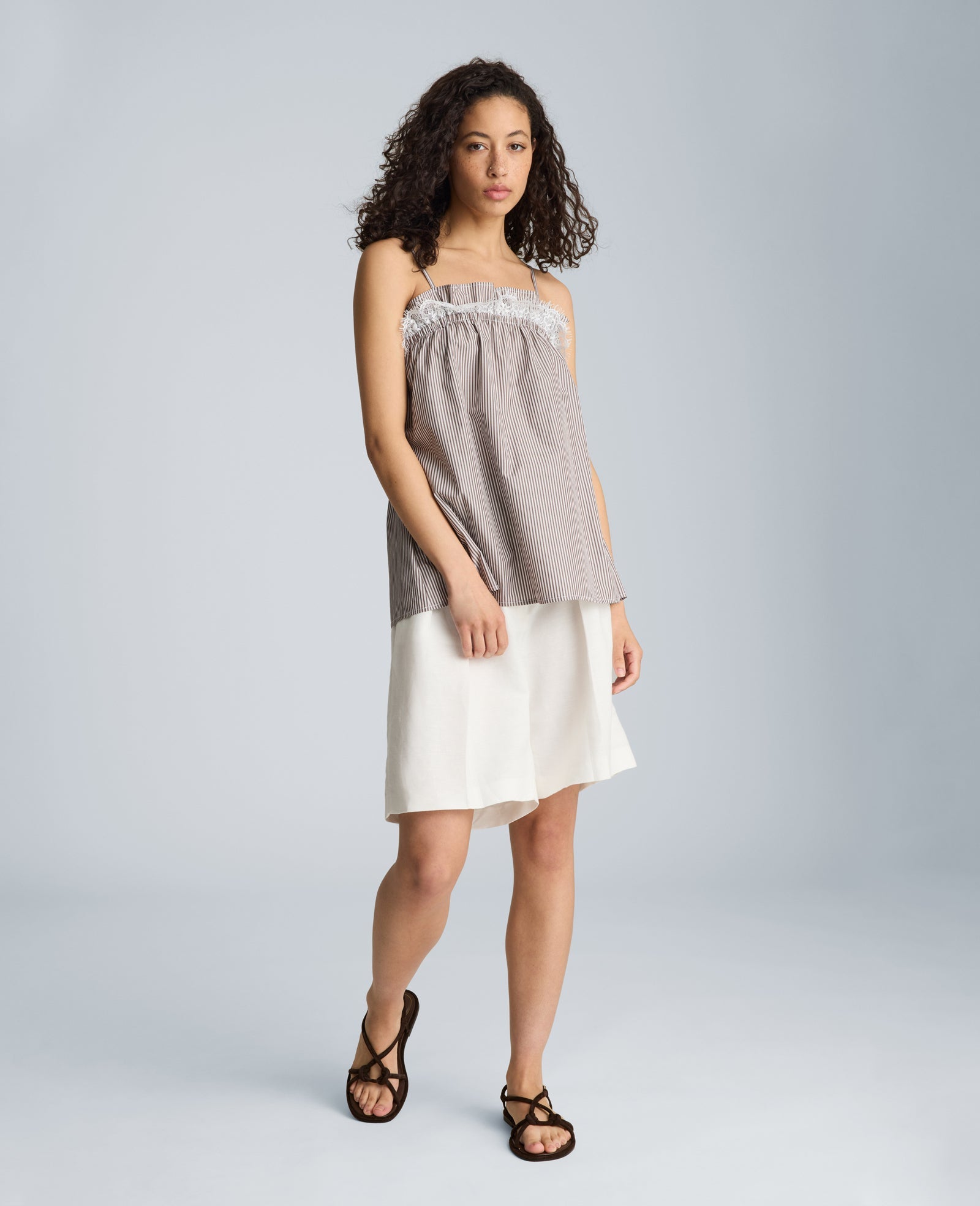 Shirred Neck Cami with Lace Trim Detail | Kenneth Cole BRUNETTE/PURE WHITE