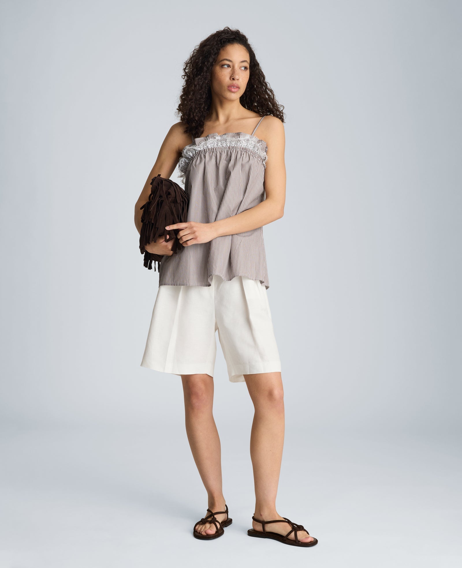 Shirred Neck Cami with Lace Trim Detail | Kenneth Cole BRUNETTE/PURE WHITE
