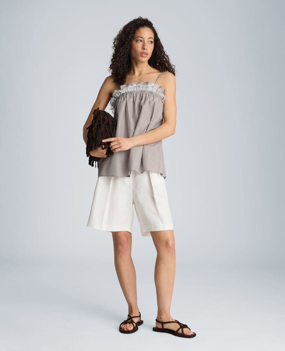 Shirred Neck Cami with Lace Trim Detail | Kenneth Cole BRUNETTE/PURE WHITE