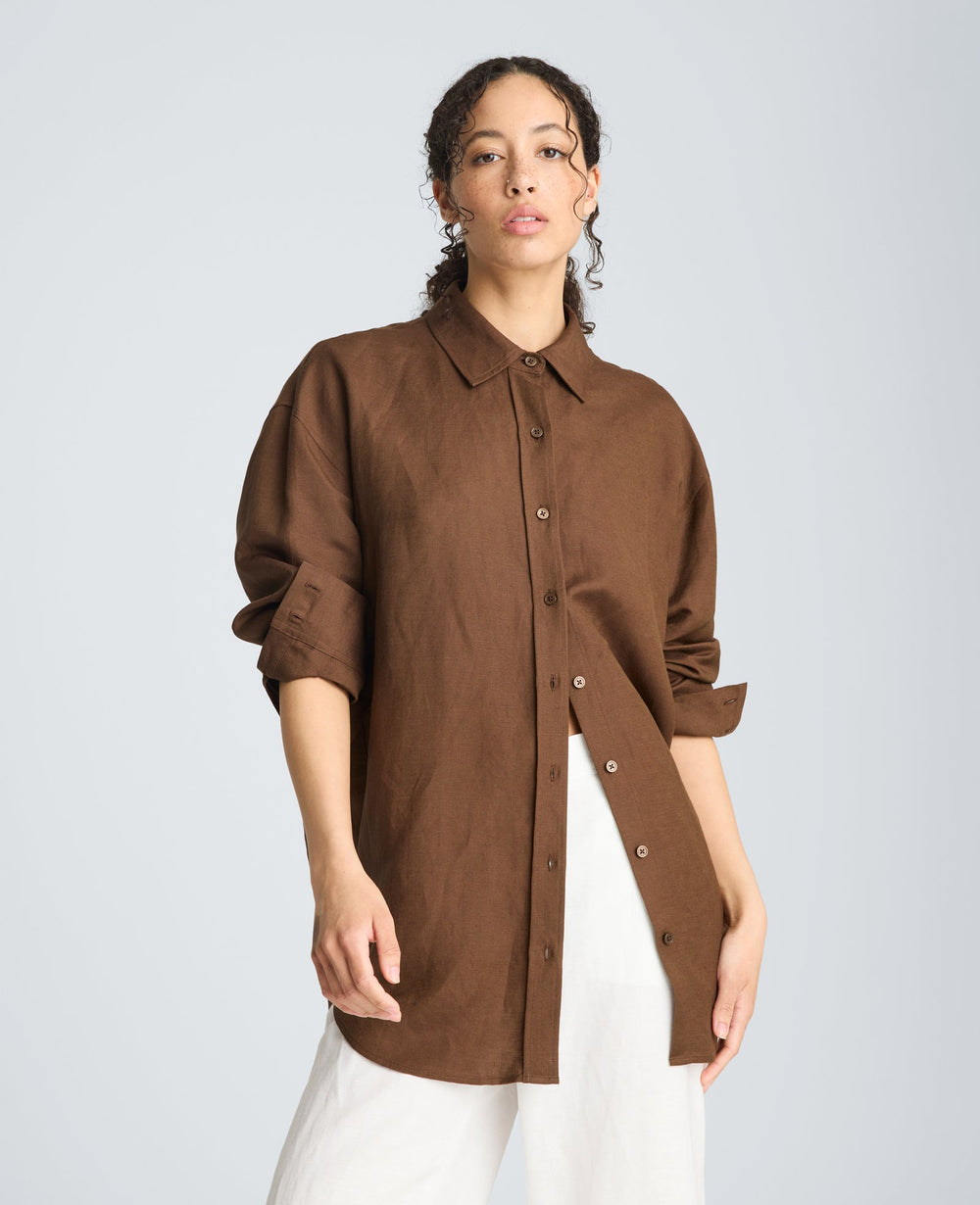Drop Shoulder Button Front Boyfriend Shirt | Kenneth Cole BRUNETTE