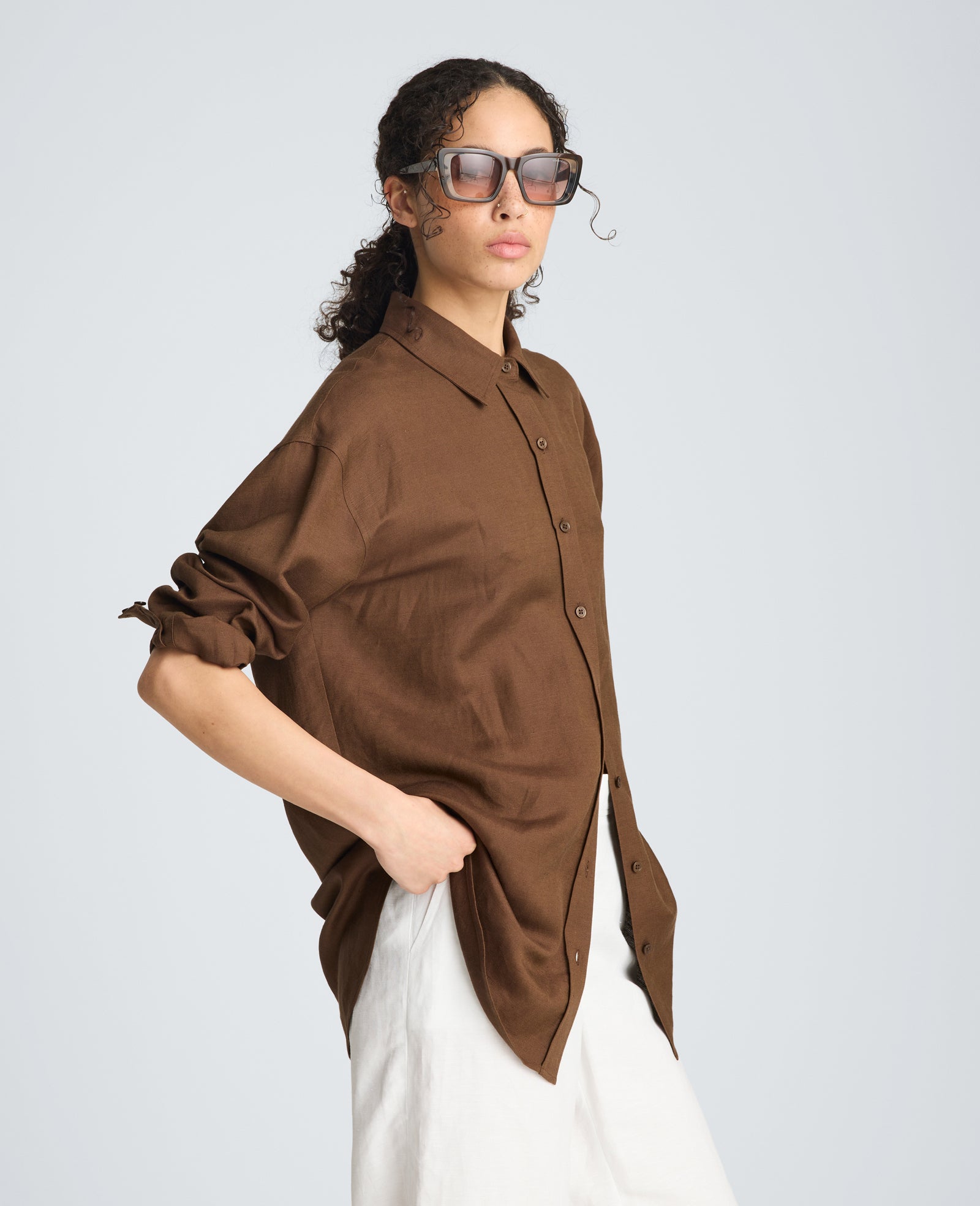 Drop Shoulder Button Front Boyfriend Shirt | Kenneth Cole BRUNETTE