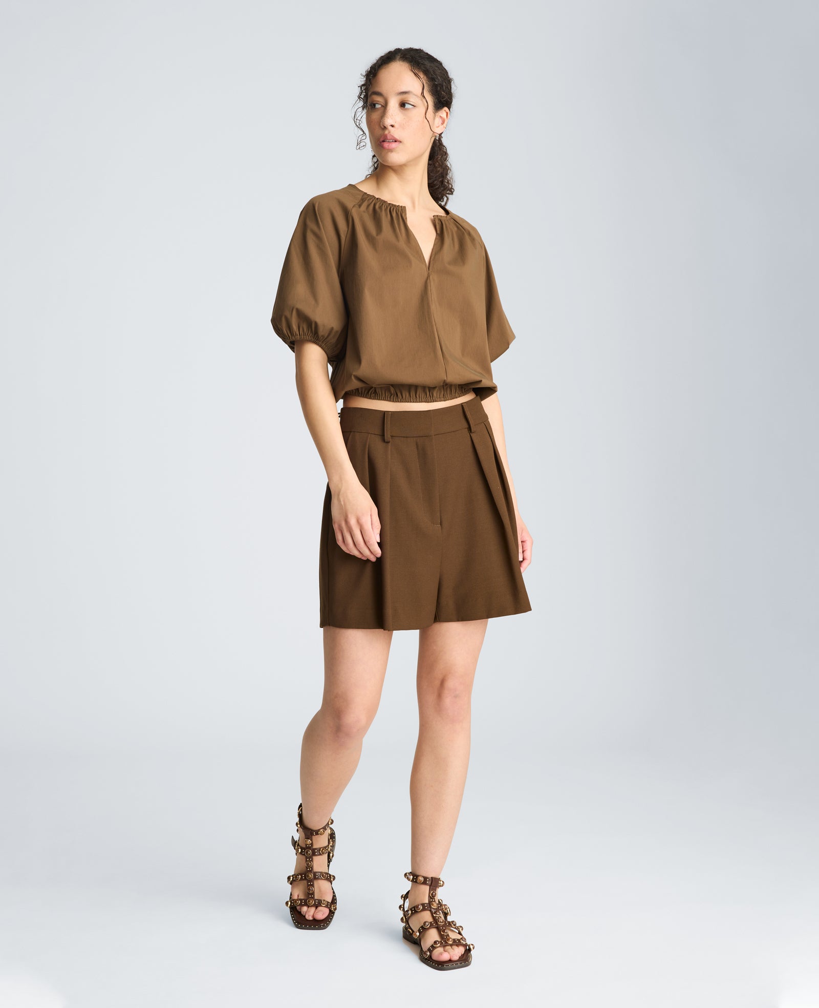 Shirred Neck Raglan Bubble Blouse | Kenneth Cole BRUNETTE