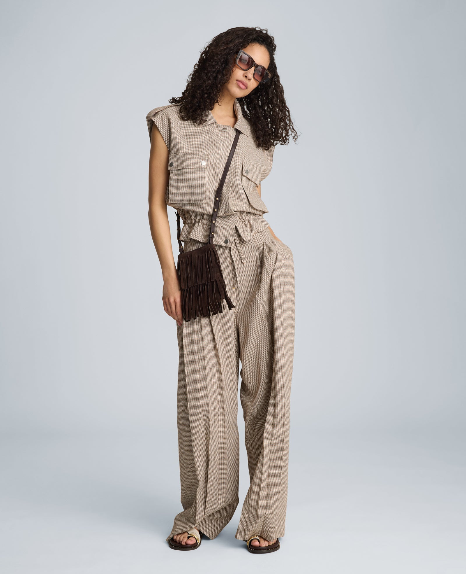 High Rise Fly Front Wide Leg Triple Pleat Pant | Kenneth Cole BRUNETTE/PUR WHT