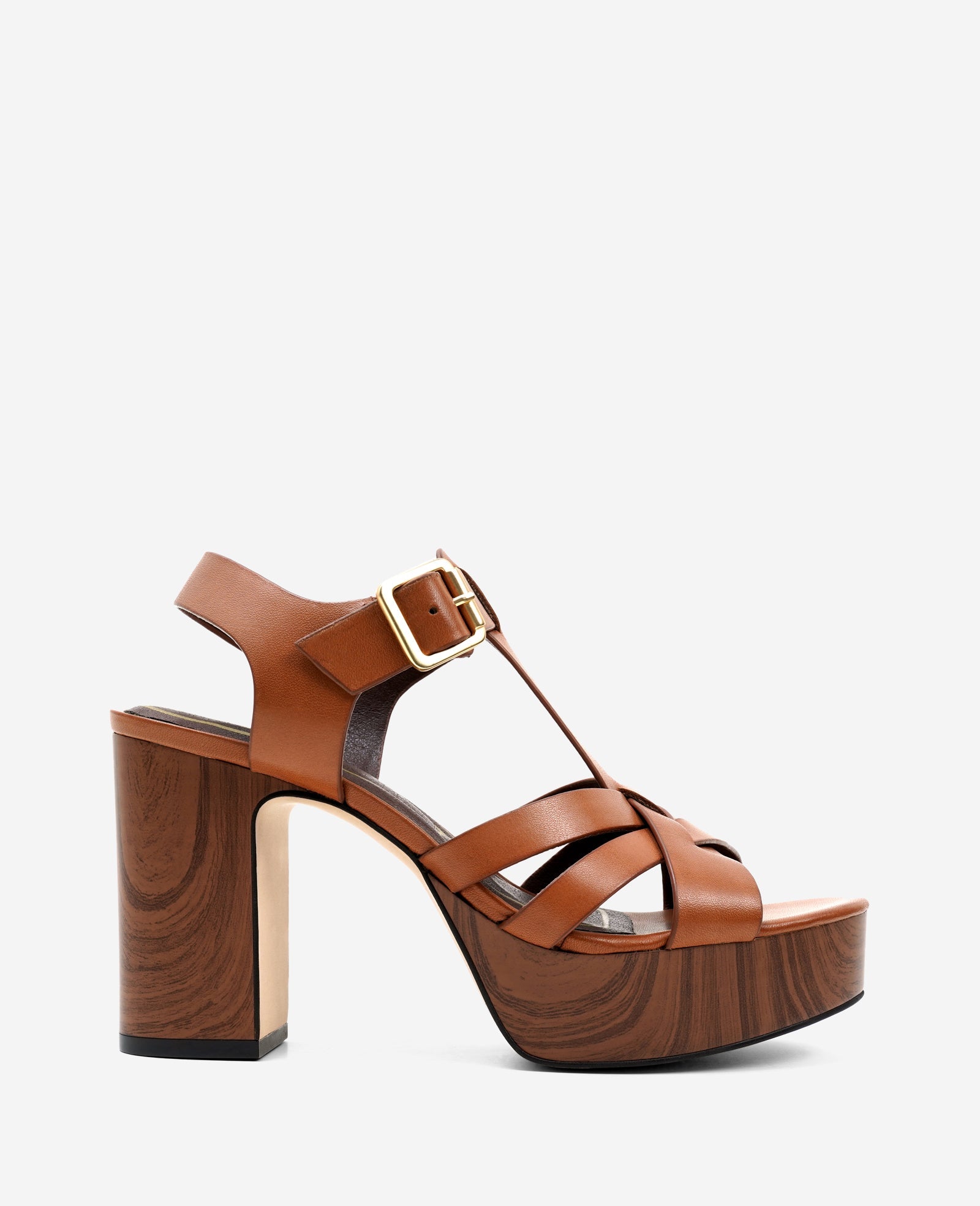 Lotus Woven Leather T-Strap Wood Platform Sandal | Kenneth Cole LUGGAGE LEATHER