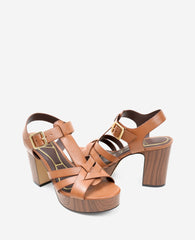 Lotus Woven Leather T-Strap Wood Platform Sandal | Kenneth Cole LUGGAGE LEATHER